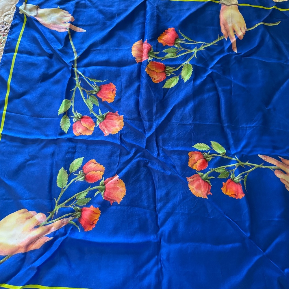 Alexis Bittar 100% Silk Scarf, Striking Blue with Pink Rose